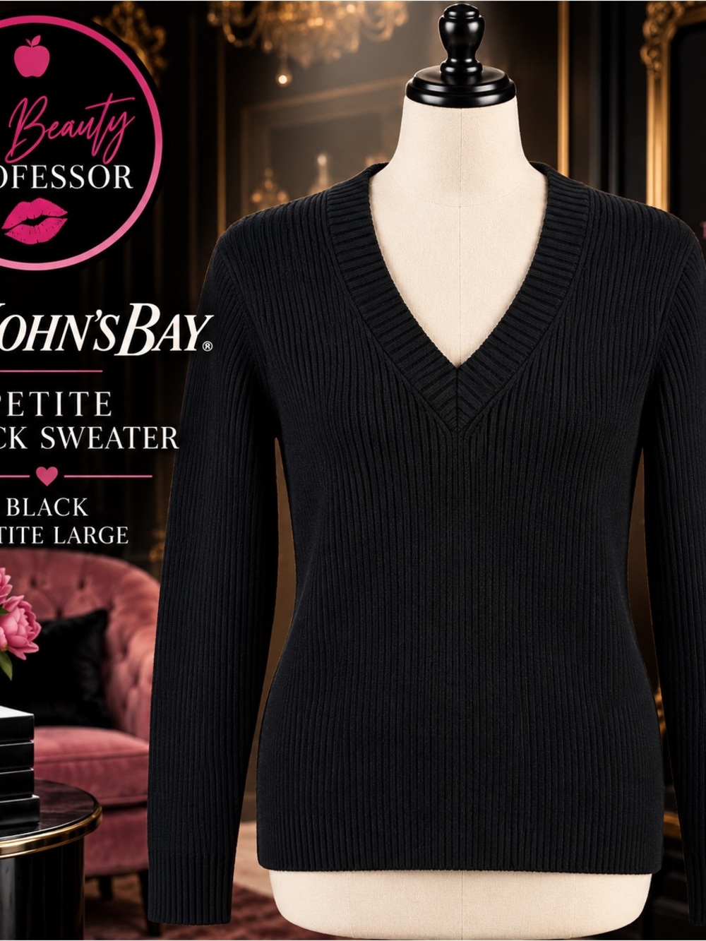 💕 St. John's Bay Petite Large Black Ribbed V-Neck Cotton Blend Sweater